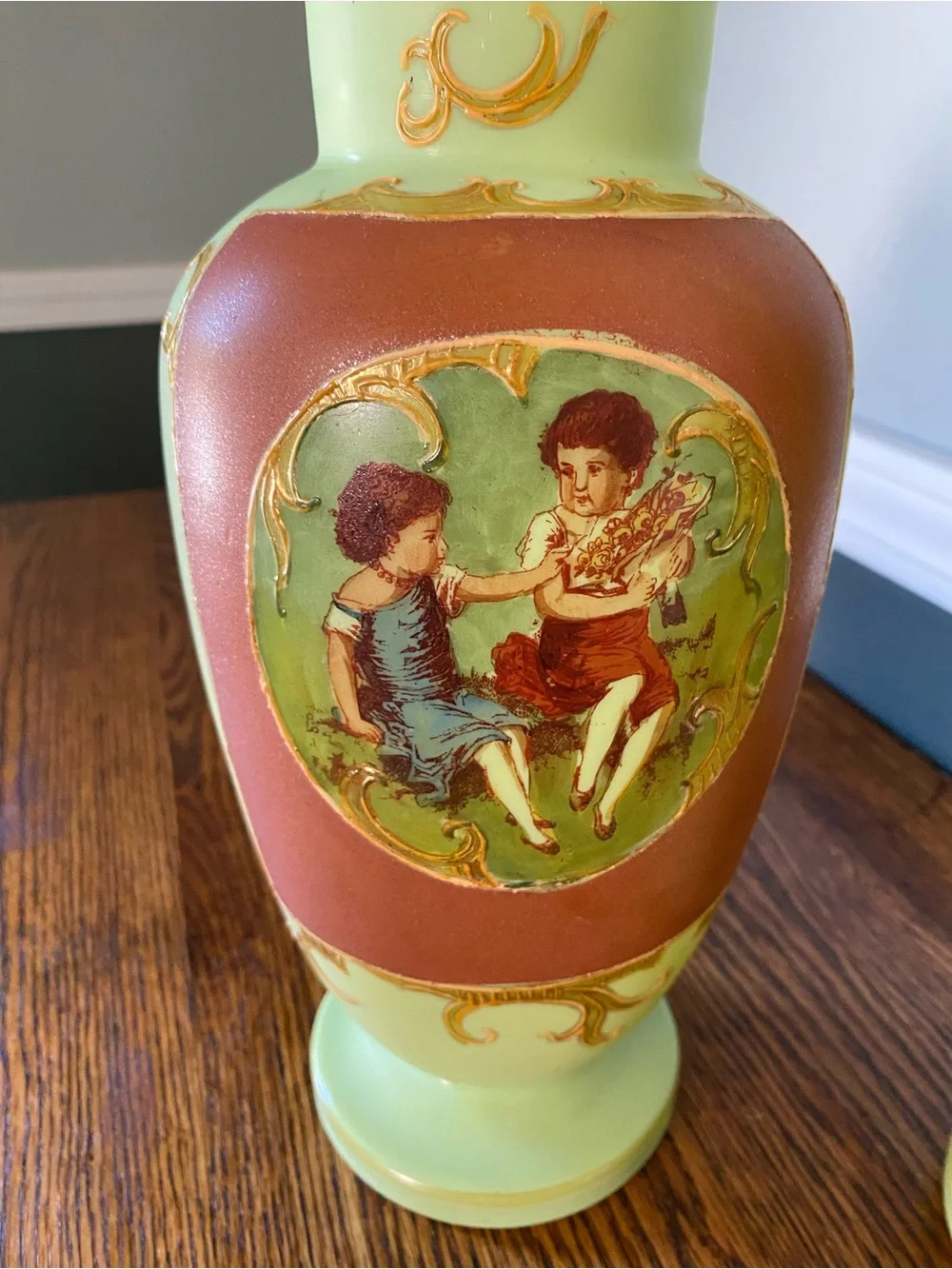 Early 20th Century French Mint Green Art Glass Vases Hand Painted Raised Gilt